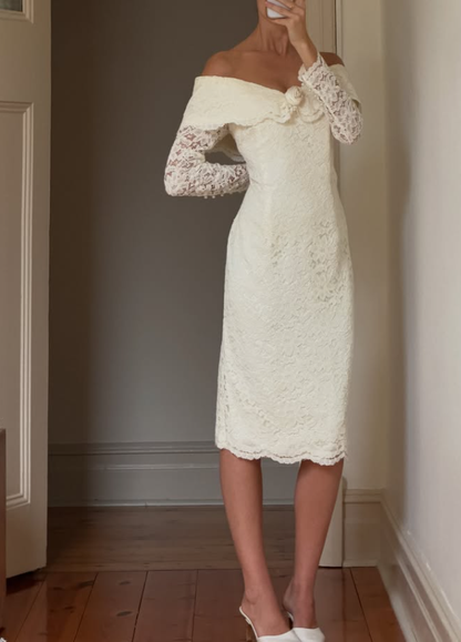 Vintage Sheath Long Sleeve Ivory Lace Prom Dress Wedding Dress SH8462