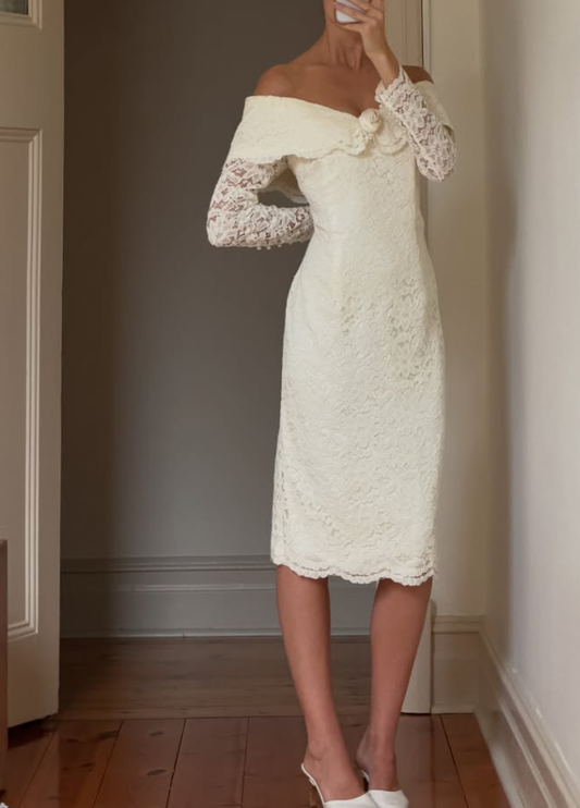 Vintage Sheath Long Sleeve Ivory Lace Prom Dress Wedding Dress SH8462