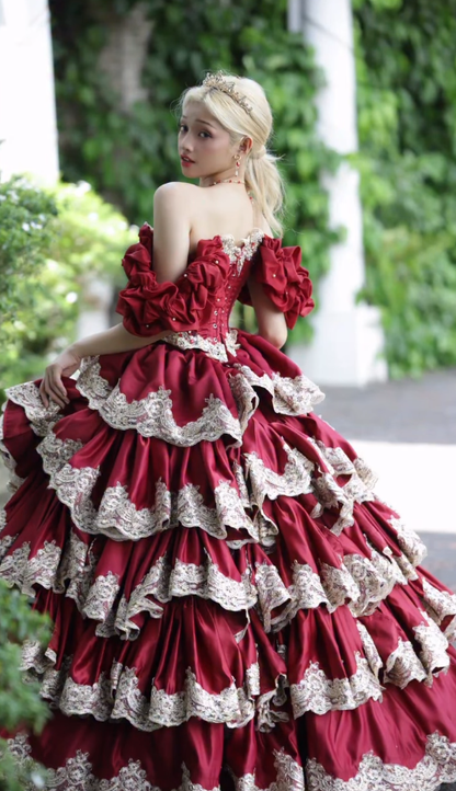 Burgundy Ball Gown Off the Shoulder Layered Lace Beaded Satin Quinceanera Dresses SH4871