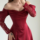 Elegant Burgundy A Line Long Sleeve Lace Satin Prom Dress Wedding Guest Dress SH6012