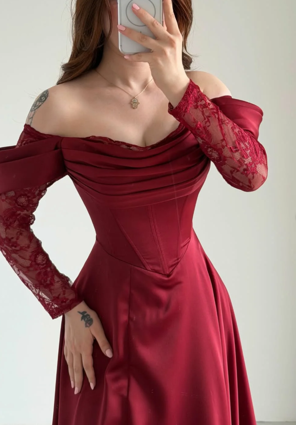 Elegant Burgundy A Line Long Sleeve Lace Satin Prom Dress Wedding Guest Dress SH6012