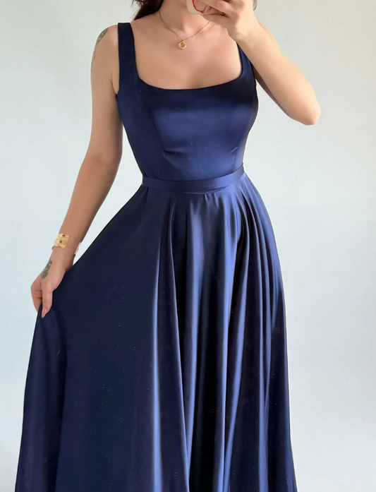 Simple Navy Blue A Line Spaghetti Straps Satin Prom Dress Date Dress SH5548