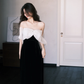 Cute A Line Off the Shoulder White Organza Black Velvet Long Prom Dress SH4583