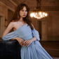 Gentle Blue A Line Off the Shoulder Corset Lace Chiffon Prom Dress Evening Dress SH6695