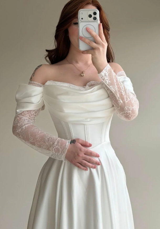 Elegant White A Line Long Sleeve Lace Satin Prom Dress Wedding Guest Dress SH5395