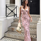 Retro Pink Print Floral V Neck Chiffon Long Outfit Party Dress 16 Birthday Dress SH3516