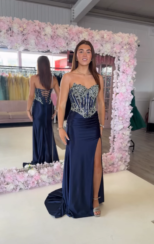 Navy Blue Sheath Strapless Beaded Satin Slit Prom Dress Evening Dress SH6658