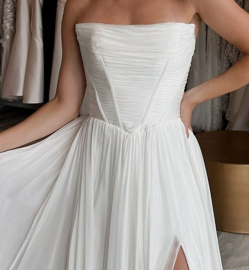 Simple A Line Strapless Corset White Chiffon Long Sweep Wedding Dress with Slit SH2095