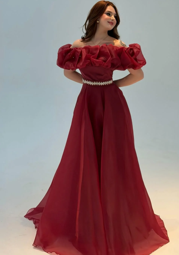 Burgundy A Line Off the Shoulder Beaded Organza Prom Dress Wedding Guest Dress SH6015