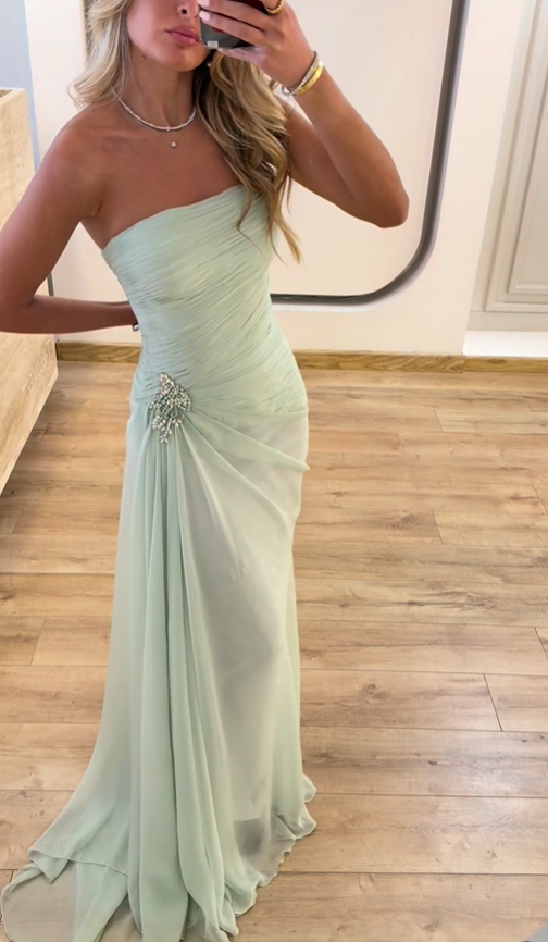 Fresh Green A Line Strapless Chiffon Long Prom Dress Party Evening Dress SH5704