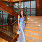 Blue Mermaid Strapless Sequin Lace Satin Long Prom Dress Evening Dress SH8553