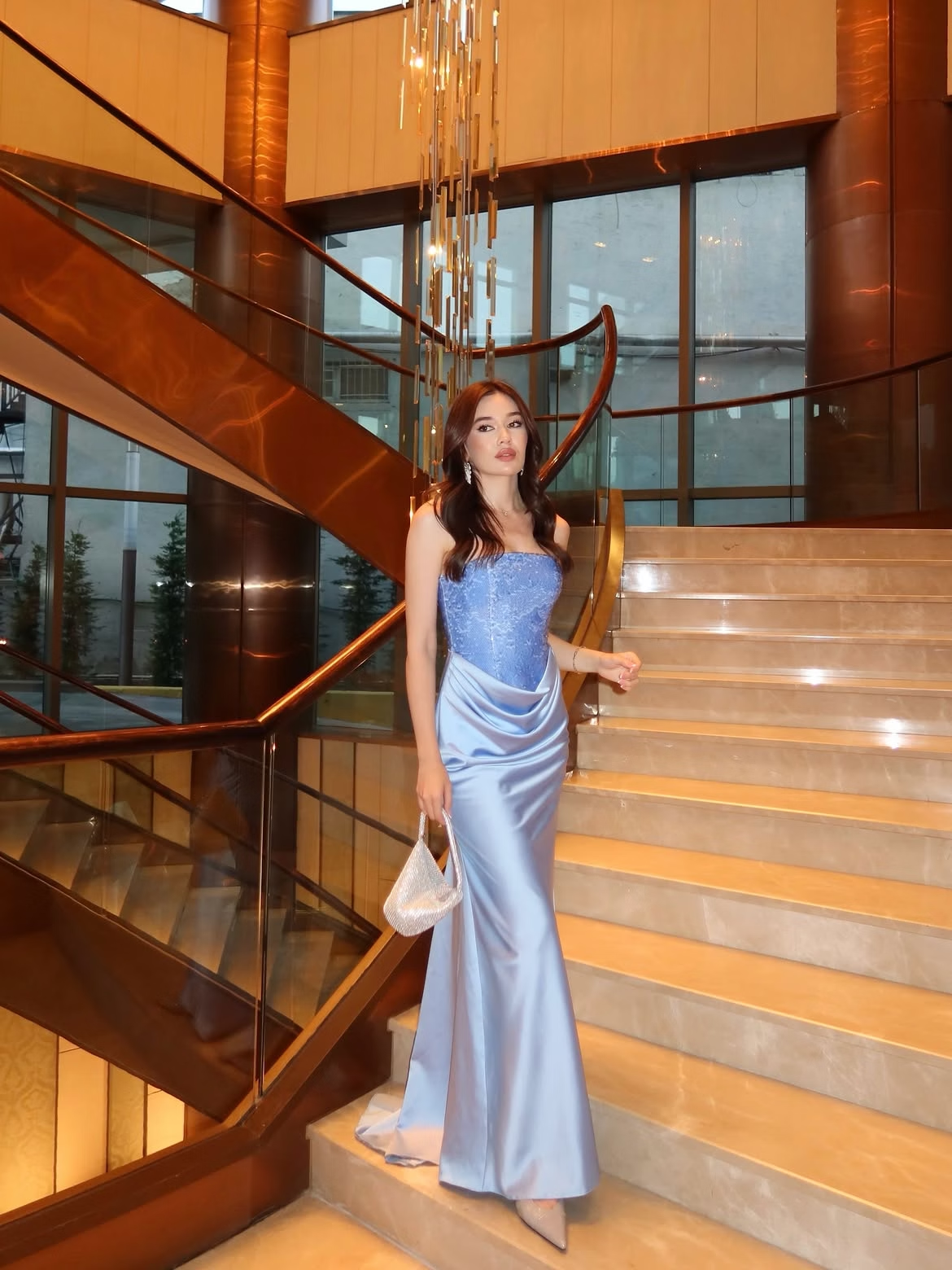 Blue Mermaid Strapless Sequin Lace Satin Long Prom Dress Evening Dress SH8553