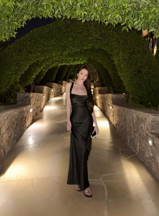 Sexy Black A Line Spaghetti Strap Satin Open Back Prom Dress Vacation Dress SH5194