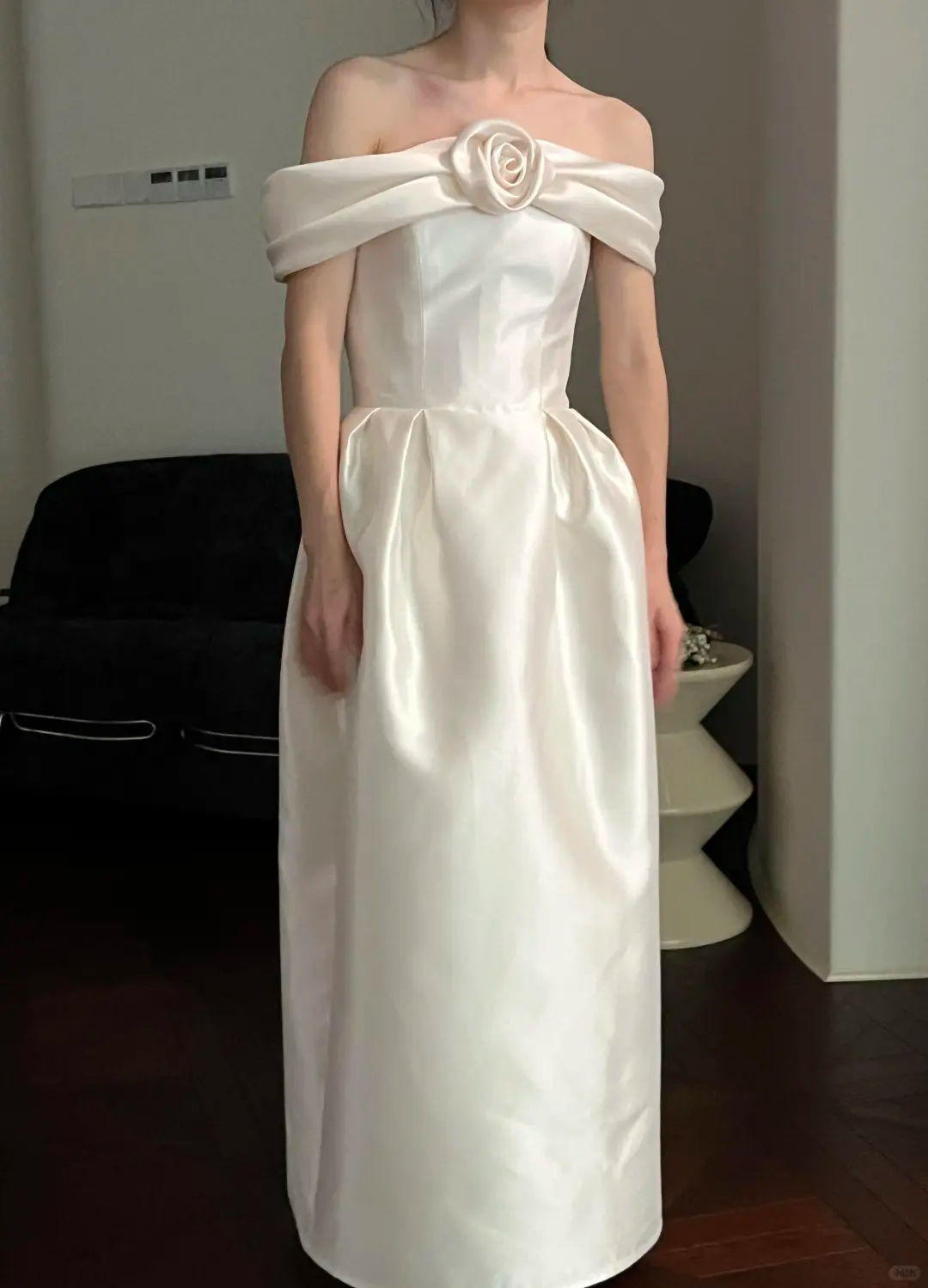 Cute A Line Off the Shoulder White Rose Satin Wedding Dress SH5078