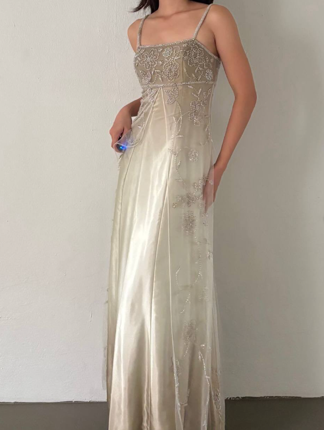 Vintage A Line Spaghetti Strap Beaded Tulle Grey Ombre Satin Prom Dress Graduation Prom Dress SH2659
