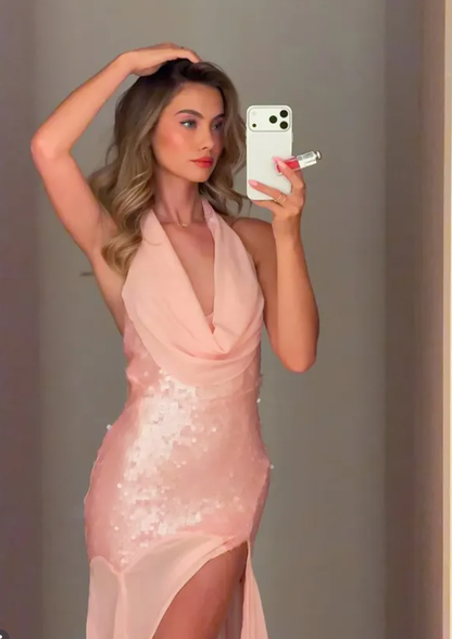 Sexy A Line Halter Pink Chiffon Sequin Backless Long Prom Dress Evening Dress SH5328