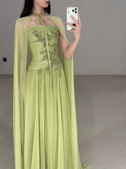 Fresh Green A Line Strapless Beaded Chiffon Long Prom Dress Wedding Guest Dress SH7713