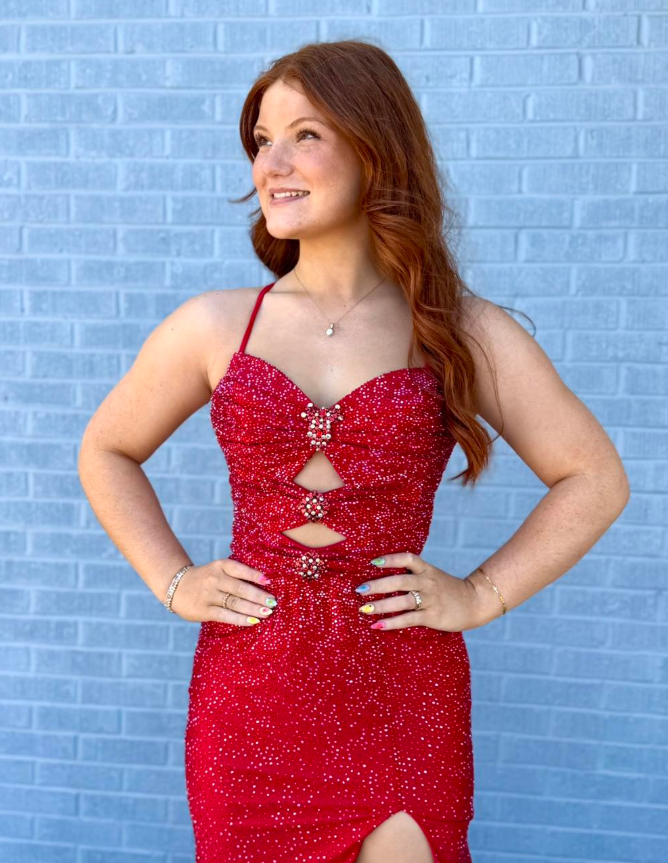 Dazzling Red Mermaid Straps Exquisite Beaded Satin Slit Long Prom Dress Evening Dress SH7233