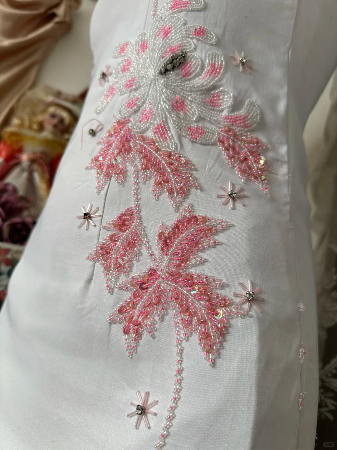 Elegant Sheath One Shoulder Pink Beaded White Satin Long Prom Dress SH5240
