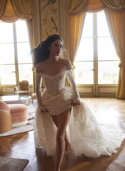 Princess Ball Gown Long Sleeve White Lace Long Wedding Dress SH7359