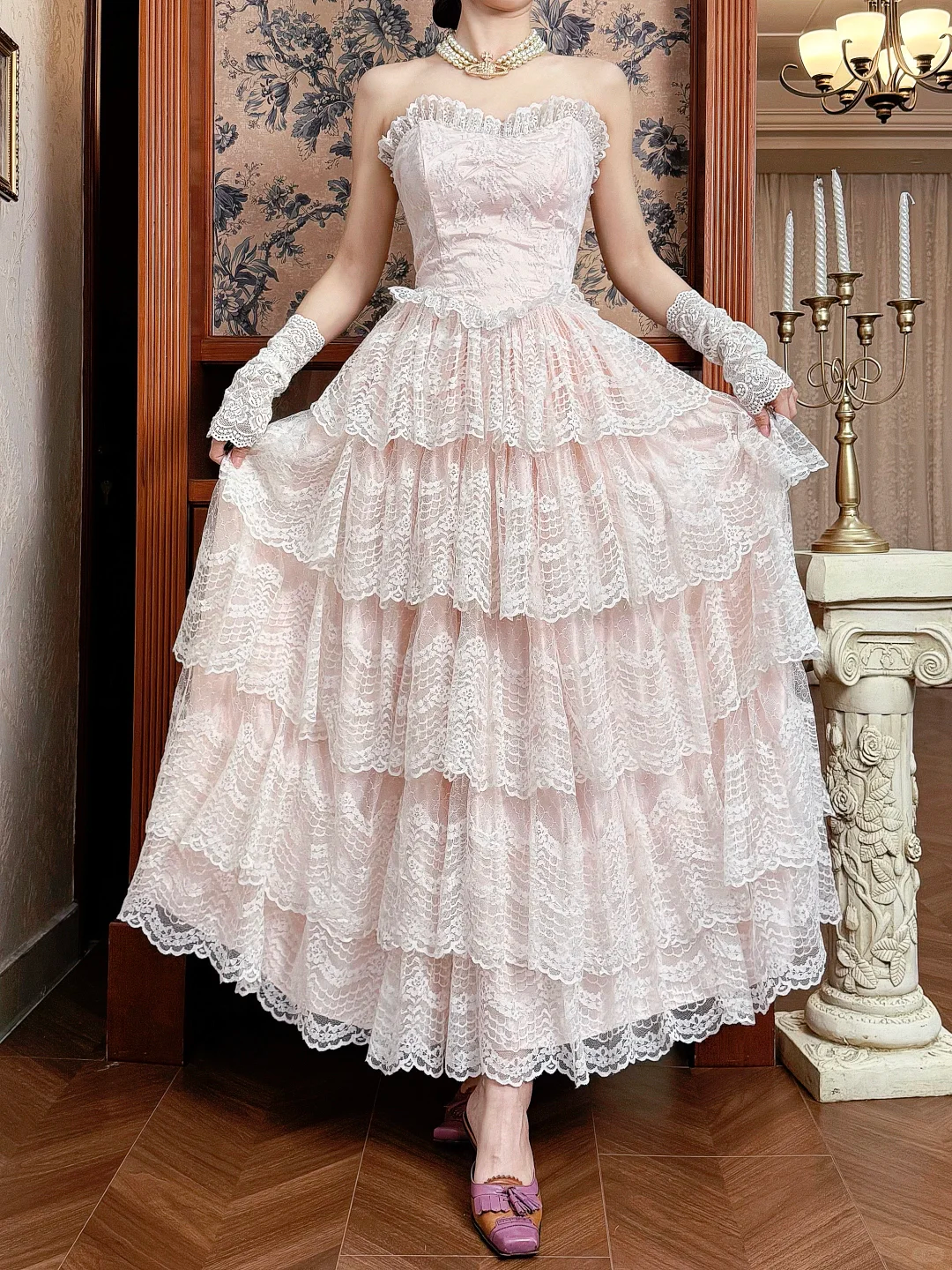 Vintage Princess Light Pink A Line Layered Lace Long Prom Dress Evening Dress SH5657