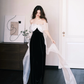 Cute A Line Off the Shoulder White Organza Black Velvet Long Prom Dress SH4583