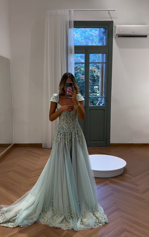 Baby Blue A Line Exquisite Beaded Tulle Prom Dress Wedding Guest Dress – shinydress