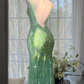 Green Fairy Mermaid V Neck Shiny Sequin Beaded Tulle Backless Graduation Prom Dress SH5342