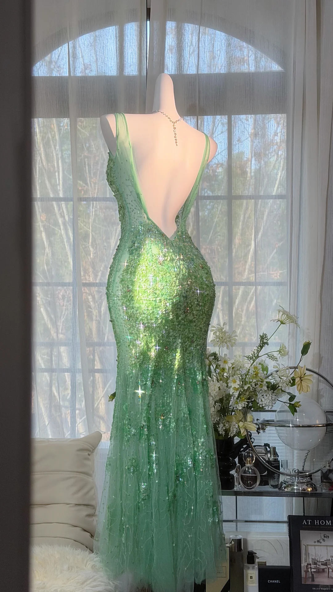 Green Fairy Mermaid V Neck Shiny Sequin Beaded Tulle Backless Graduation Prom Dress SH5342
