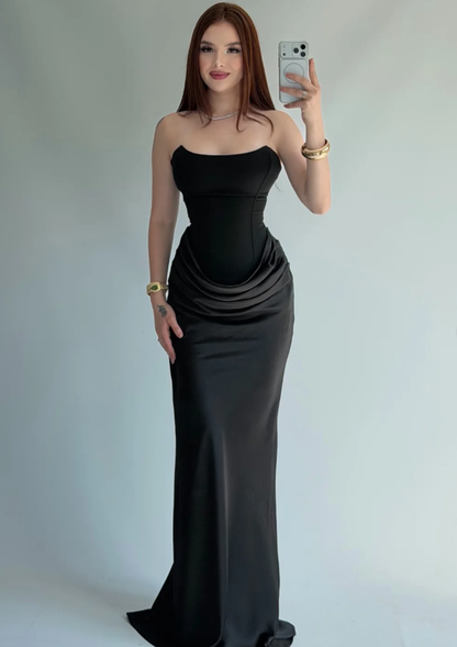 Elegant Sheath Strapless Black Satin Long Prom Dress Evening Dress SH7295