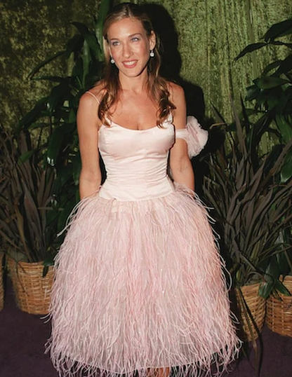 Princess A Line Spagehtti Strap Feather Satin Prom Dress Evening Dress SH2326