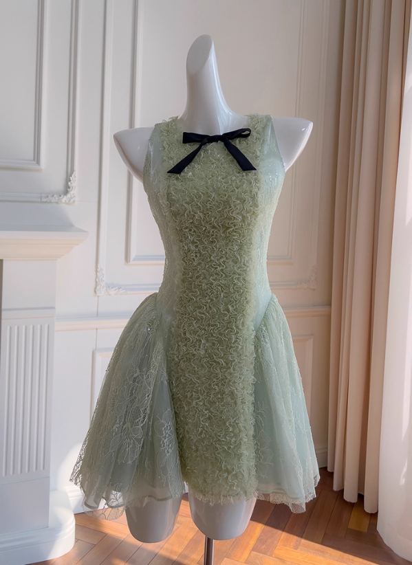 Green A Line Round Neck Lace Tulle Short Homecoming Dress SH4508