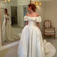 White Simple Elegant A Line Off the Shoulder Satin Long Wedding Dress SH6171