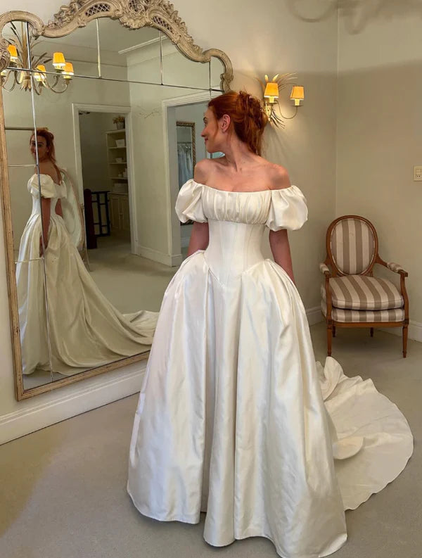 White Simple Elegant A Line Off the Shoulder Satin Long Wedding Dress SH6171