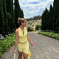 Yellow Two Piece A Line Halter Satin Open Back Short Homecoming Dress Cocktail Dress SH3385