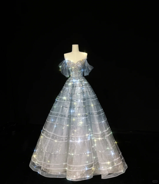 Shiny Blue Ombre A Line Off the Shoulder Beaded Tulle Long Prom Dress 16th Birthday Dress SH4180