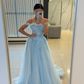 Princess Blue A Line Off the Shoulder Appliques Tulle Prom Dress Evening Dress SH6436