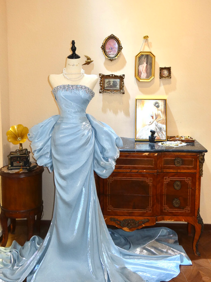 Baby Blue Mermaid Strapless Shiny Beaded Bow Satin Prom Dress Evening Dress SH7375
