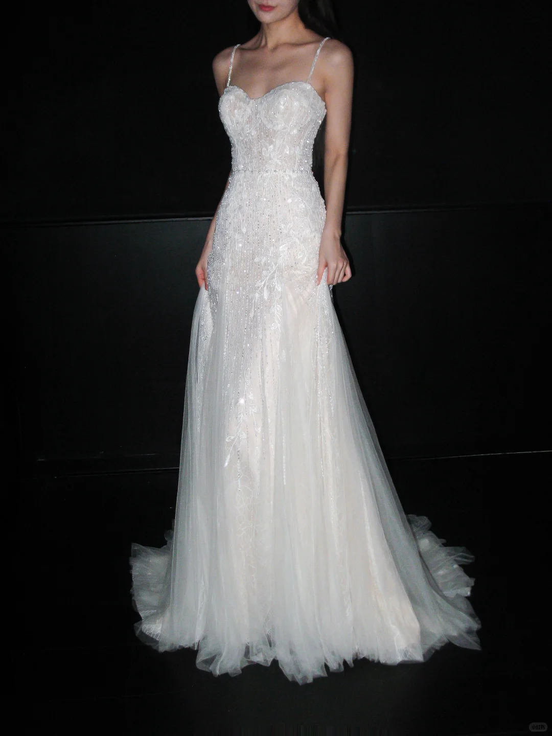 Fairy A Line Spaghetti Strap White Beaded Sequin Tulle Long Wedding Dress SH8916
