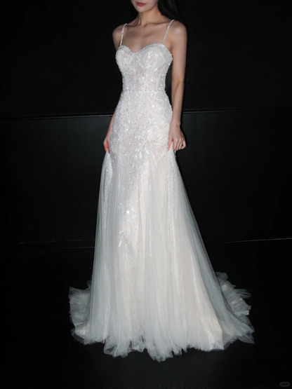 Fairy A Line Spaghetti Strap White Beaded Sequin Tulle Long Wedding Dress SH8916