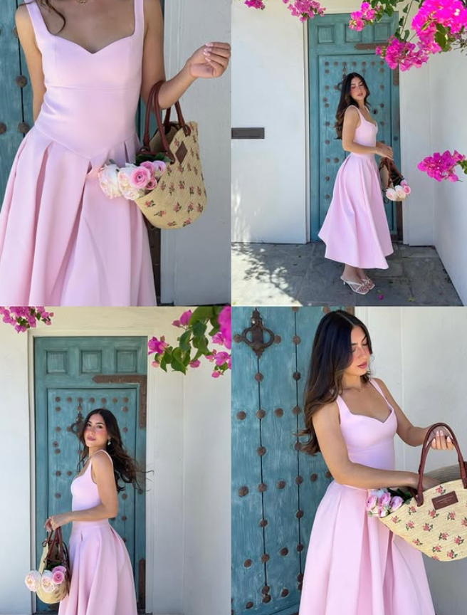 Princess Pink A Line Spaghetti Strap Simple Satin Prom Dress Vacation Dress SH6254