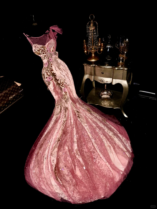 Vintage Pink Mermaid Beaded Sequin Pearl Tulle Prom Dress Party Evening Dress SH5999
