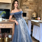 Stunning Blue Tulle Off Shoulder A Line Long Prom Dress, Evening Dress With Sleeve KS7424