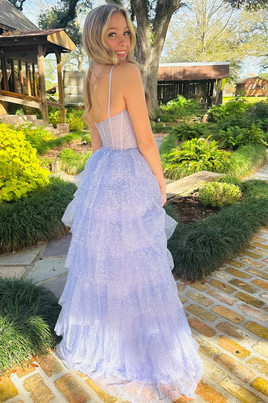 Lavender Tulle Sequin Tiered Ruffles Long Prom Dress Elegant Evening Dress Princess Ball Gown  SH1533