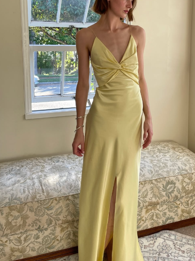 Simple A Line Spaghetti Strap Yellow Satin Open Back Prom Dress Graduation Prom Dress SH2580