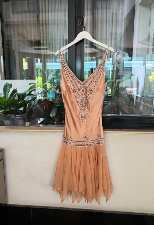 Vintage A Line Spaghetti Straps Beaded Chiffon Satin Short Prom Dress Homecoming Dress SH4943