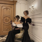 Classic Black-White Sheath Off the Shoulder Satin Prom Dress Evening Dress SH5530
