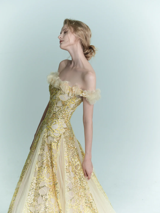 Yellow A Line Off the Shoulder Floral Sequin Tulle Prom Dress Evening Dress SH4225
