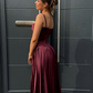 Stunning A Line Spaghetti Strap Pleated Dark Burgundy Satin Long Party Dress SH2921