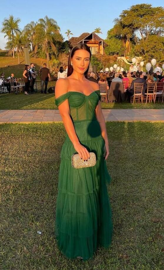 Off The Shoulder Tulle Green A Line Prom Dress  SH743